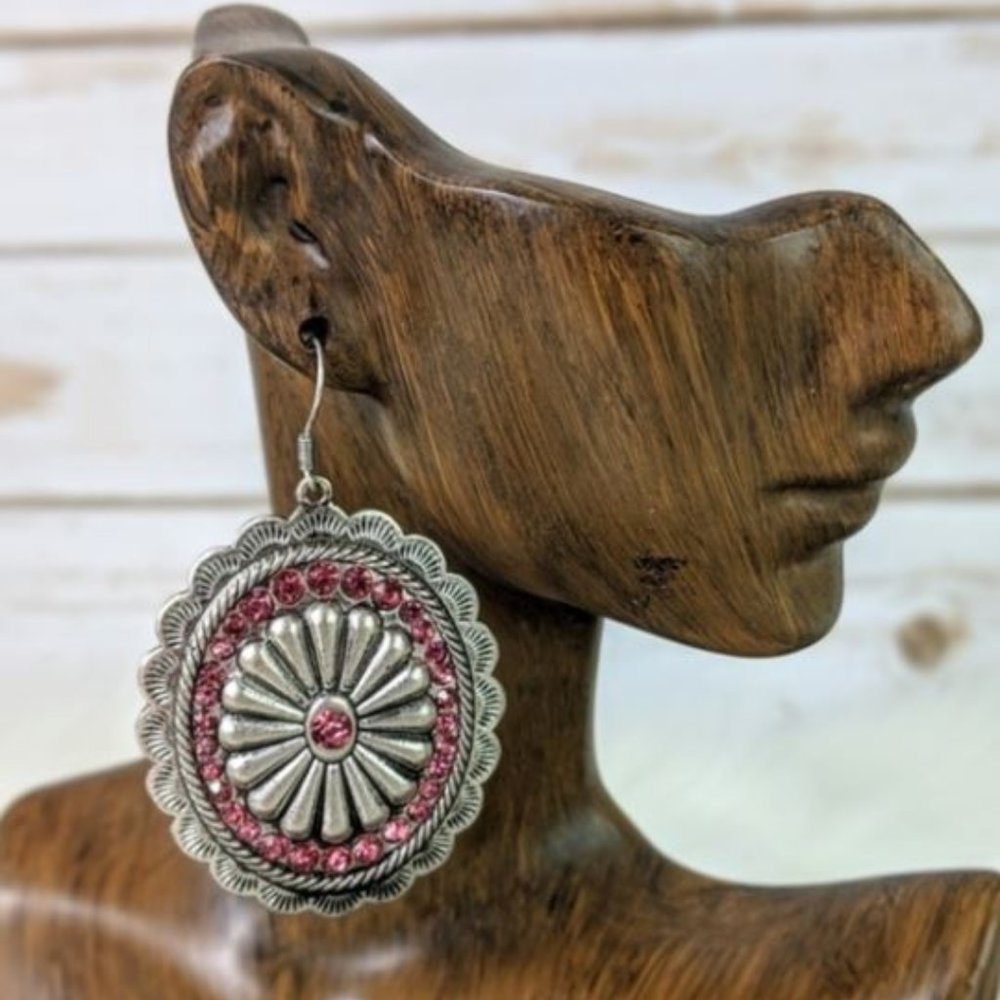 Silver Tone & Pink Rhinestone Western Concho Earrings